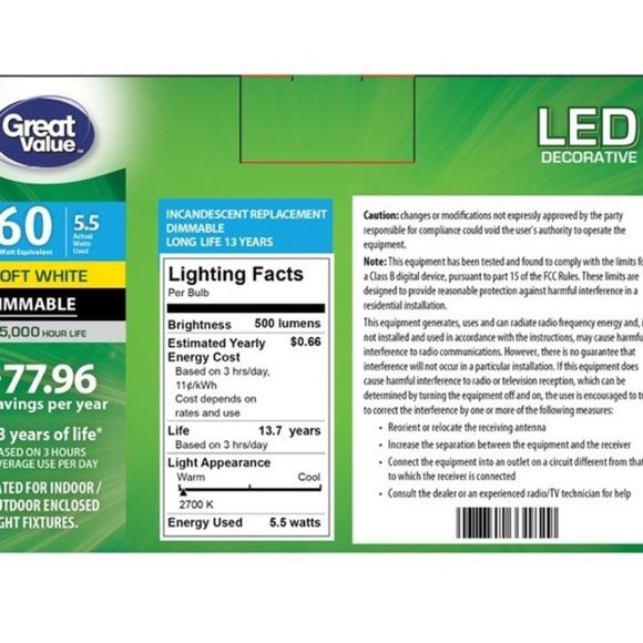 Great Value LED Light Bulb, 5.5 Watts (60W Eqv.) B10 Deco Lamp E12 Base,Dimmable - Picture 5 of 5